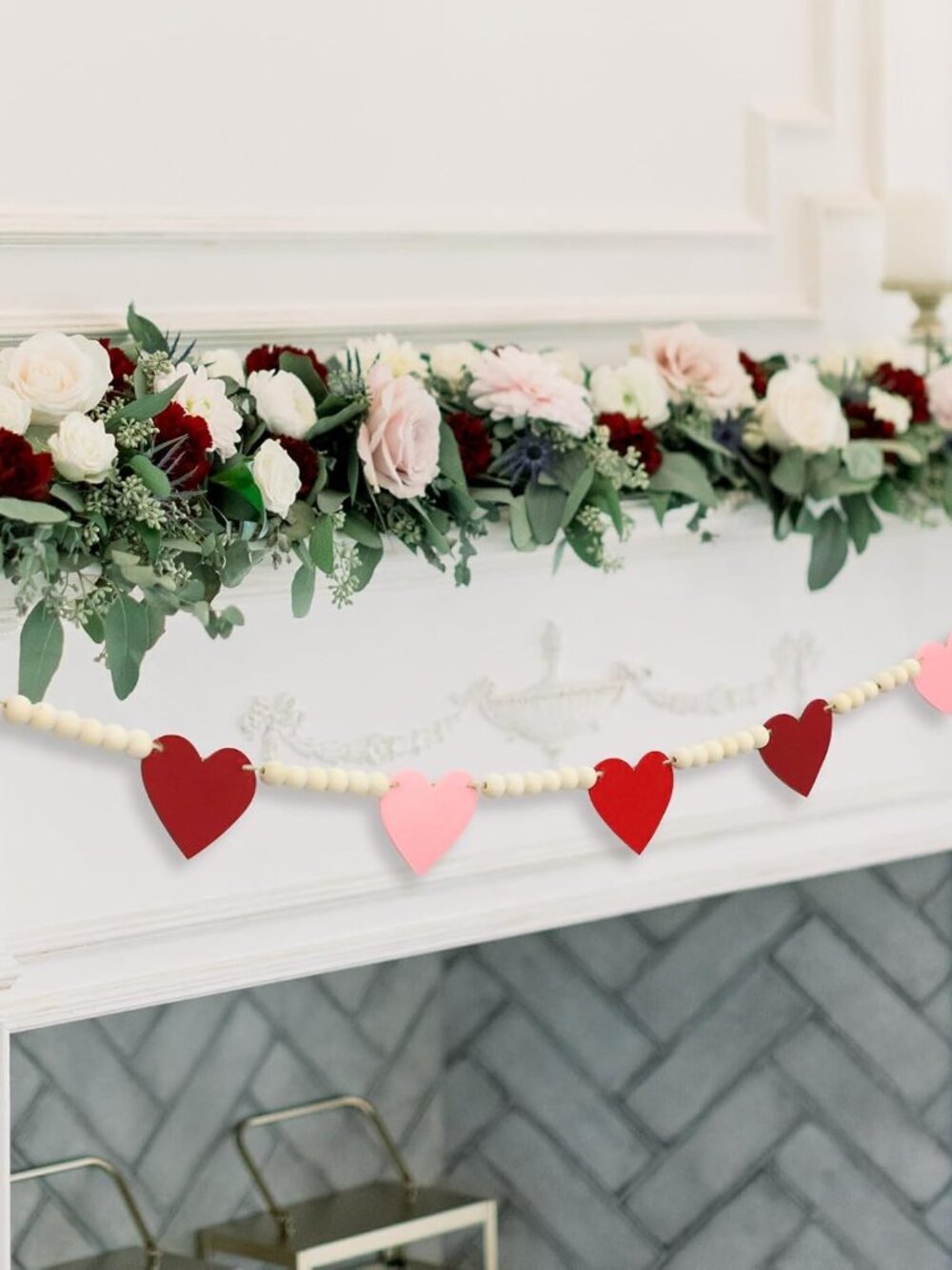 Valentines Day Decorations, Wood Bead Garland with Felt Hearts for Valentine Dec